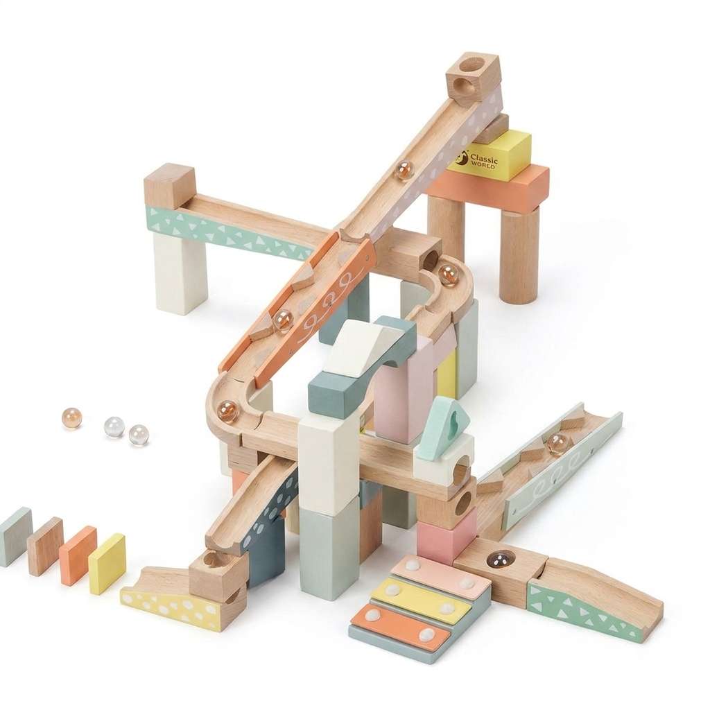 Wooden Marble Run Track Toy, natural wood slide building set for ages 3+